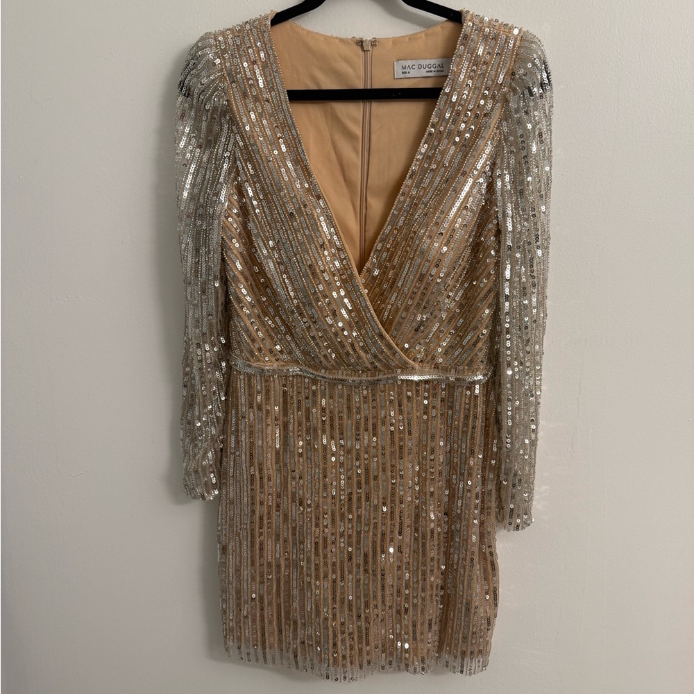 Mac Duggal Gold and Silver Sequin Long Sleeve Dress